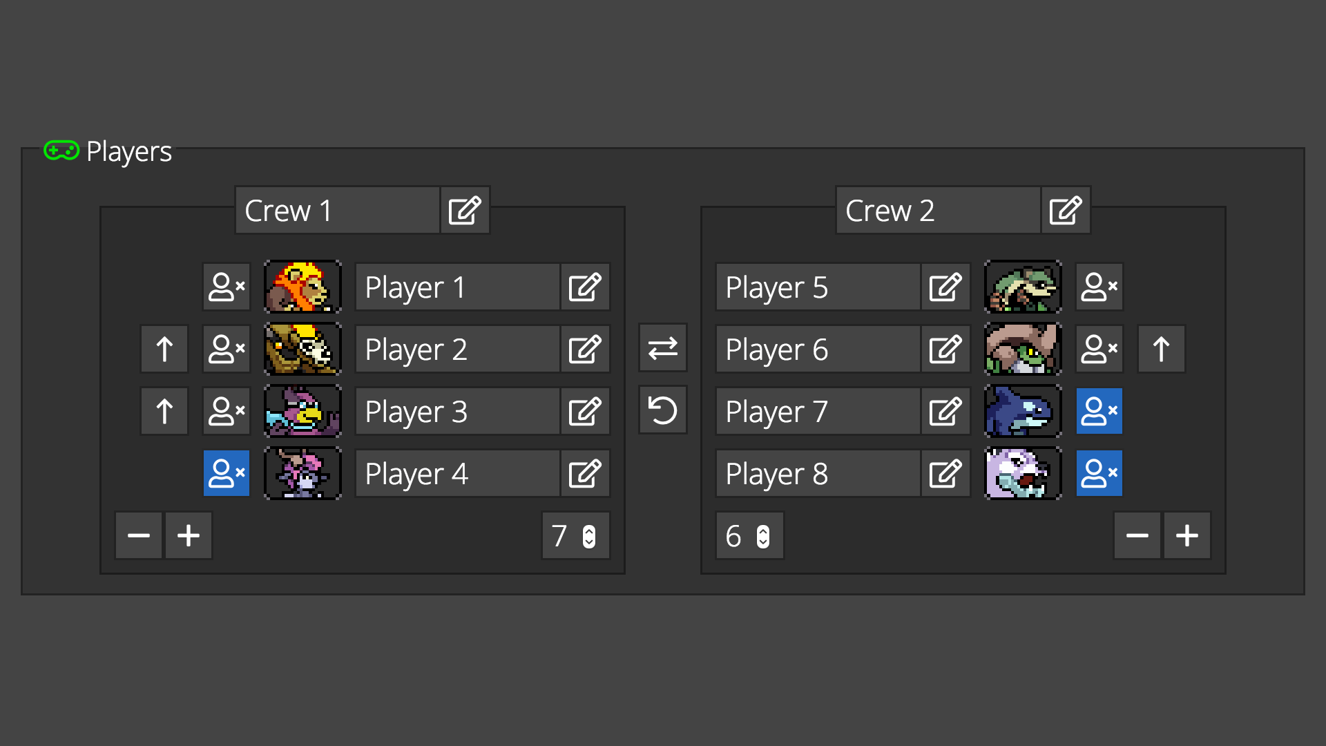 Streameta crew battle controller with Rivals of Aether character icons